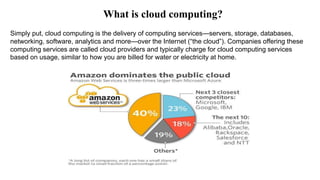 Simply put, cloud computing is the delivery of computing services—servers, storage, databases,
networking, software, analytics and more—over the Internet (“the cloud”). Companies offering these
computing services are called cloud providers and typically charge for cloud computing services
based on usage, similar to how you are billed for water or electricity at home.
What is cloud computing?
 