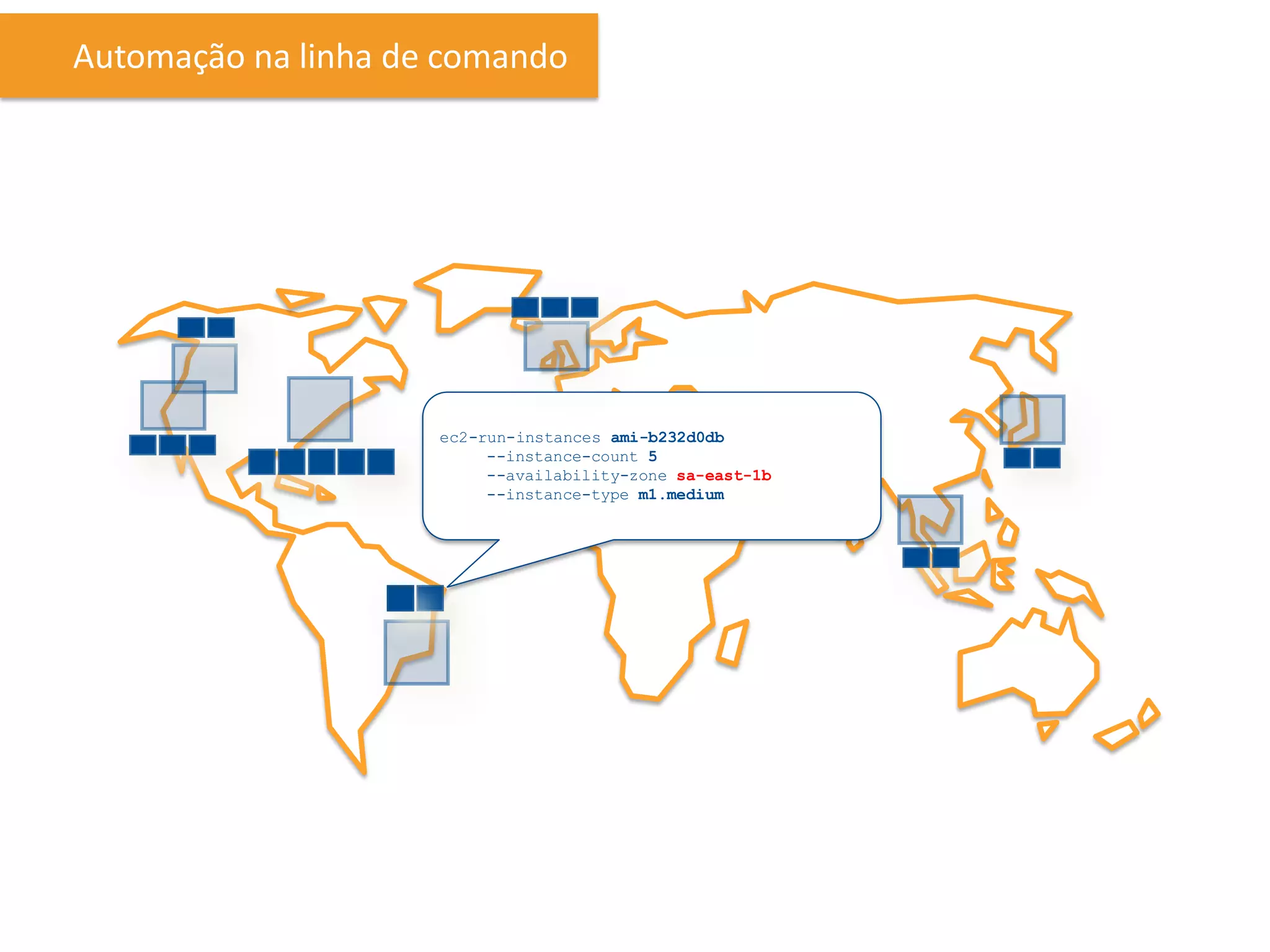 Automação na linha de comando




                     ec2-run-instances ami-b232d0db
                          --instance-count 5
                          --availability-zone sa-east-1b
                          --instance-type m1.medium
 