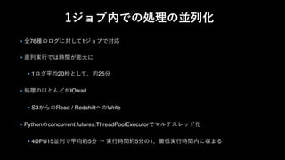 76 1
1 20 25
IOwait
S3 Read / Redshift Write
Python concurrent.futures.ThreadPoolExecutor
4DPU15 5 5 1
 