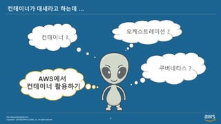 Copyright © 2019 BESPIN GLOBAL, Inc. All rights reserved
http://www.bespinglobal.com
2
컨테이너가 대세라고 하는데 …
쿠버네티스 ?
컨테이너 ?
오케스트레이션 ?
AWS에서
컨테이너 활용하기
 