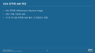 Copyright © 2019 BESPIN GLOBAL, Inc. All rights reserved
http://www.bespinglobal.com
25
EKS 최적화 AMI 제공
• EKS 최적화 AMI(Amazon Machine Image)
• GPU 사용 가능한 AMI
• 이 외 커스텀 최적화 AMI 빌드 스크립트도 제공
 