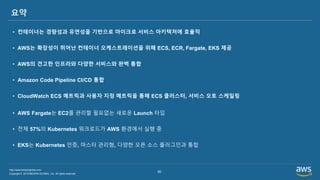 Copyright © 2019 BESPIN GLOBAL, Inc. All rights reserved
http://www.bespinglobal.com
50
요약
• 컨테이너는 경량성과 유연성을 기반으로 마이크로 서비스 아키텍처에 효율적
• AWS는 확장성이 뛰어난 컨테이너 오케스트레이션을 위해 ECS, ECR, Fargate, EKS 제공
• AWS의 견고한 인프라와 다양한 서비스와 완벽 통합
• Amazon Code Pipeline CI/CD 통합
• CloudWatch ECS 메트릭과 사용자 지정 메트릭을 통해 ECS 클러스터, 서비스 오토 스케일링
• AWS Fargate는 EC2를 관리할 필요없는 새로운 Launch 타입
• 전체 57%의 Kubernetes 워크로드가 AWS 환경에서 실행 중
• EKS는 Kubernetes 인증, 마스터 관리형, 다양한 오픈 소스 플러그인과 통합
 