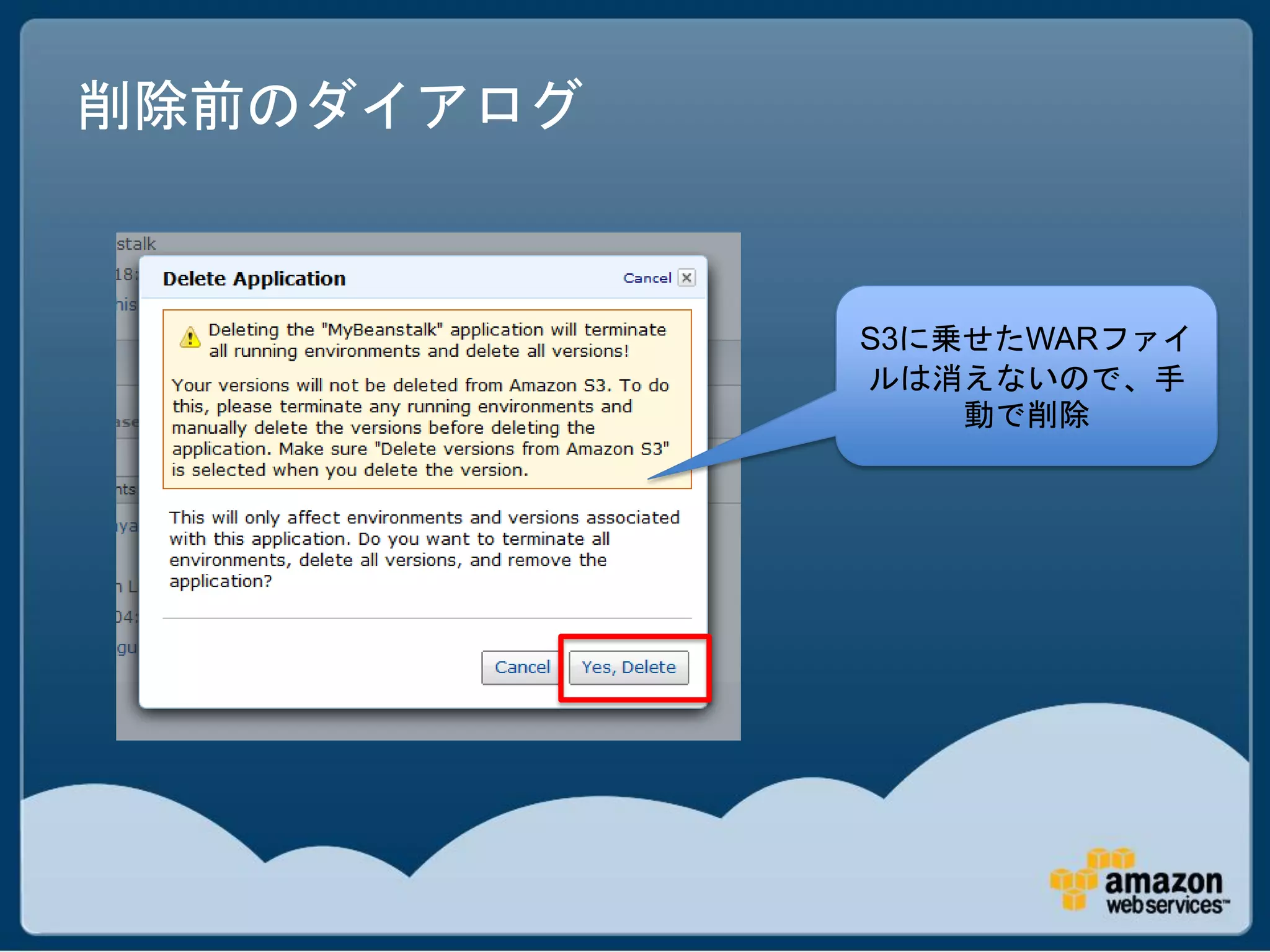 削除前のダイアログ


            S3に乗せたWARファイ
            ルは消えないので、手
                動で削除
 