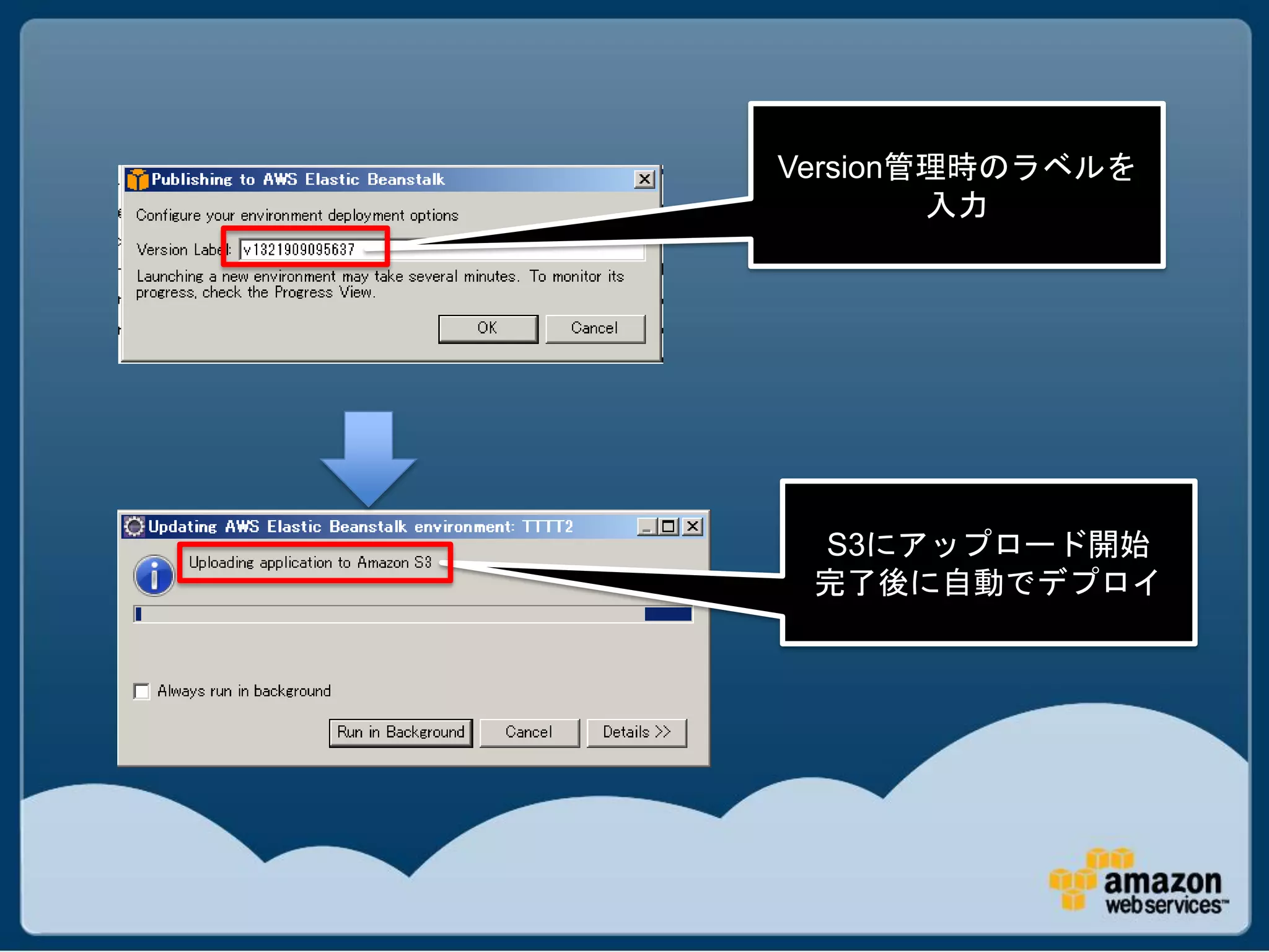 Version管理時のラベルを
        入力




 S3にアップロード開始
 完了後に自動でデプロイ
 
