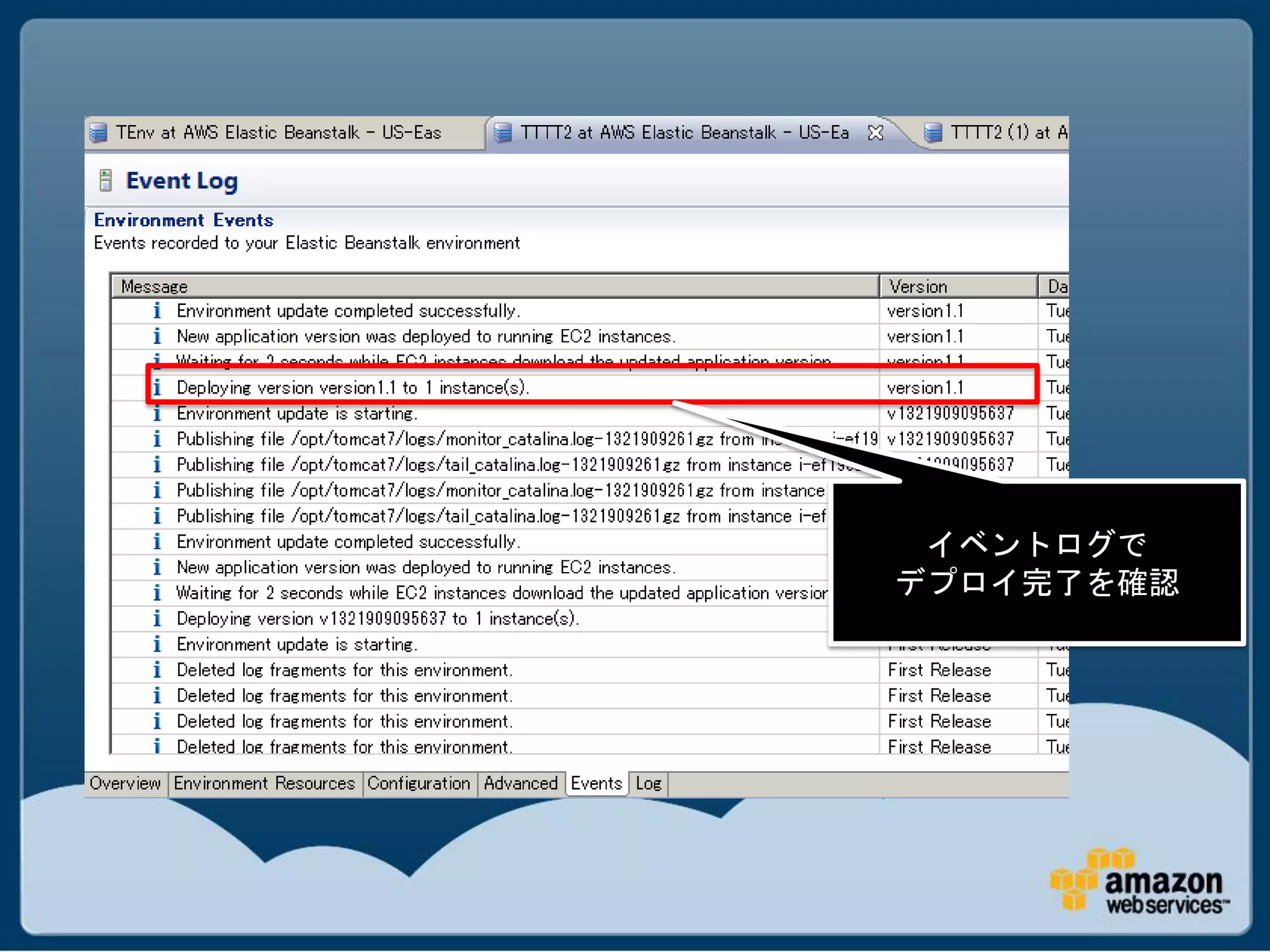 イベントログで
デプロイ完了を確認
 