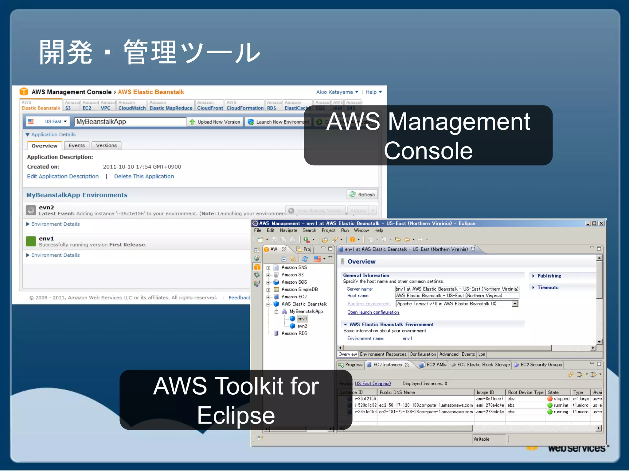 開発・管理ツール

                      AWS Management
                         Console




    AWS Toolkit for
      Eclipse
 