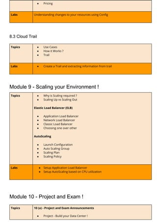 ● Pricing 
Labs  Understanding changes to your resources using Config  
8.3 Cloud Trail
Topics  ● Use Cases 
● How it Works ? 
● Trail 
Labs  ● Create a Trail and extracting information from trail  
Module 9 - Scaling your Environment !
Topics  ● Why is Scaling required ? 
● Scaling Up vs Scaling Out  
Elastic Load Balancer (ELB) 
● Application Load Balancer 
● Network Load Balancer  
● Classic Load Balancer  
● Choosing one over other 
AutoScaling  
● Launch Configuration 
● Auto Scaling Group 
● Scaling Plan 
● Scaling Policy  
Labs  ● Setup Application Load Balancer  
● Setup AutoScaling based on CPU utilization  
Module 10 - Project and Exam !
Topics  10 (a) - Project and Exam Announcements 
 
● Project - Build your Data Center !  
 