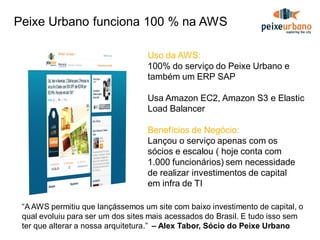 Peixe Urbano funciona 100 % na AWS

                                  Uso da AWS:
                                  100% do serviço do Peixe Urbano e
                                  também um ERP SAP

                                  Usa Amazon EC2, Amazon S3 e Elastic
                                  Load Balancer

                                  Benefícios de Negócio:
                                  Lançou o serviço apenas com os
                                  sócios e escalou ( hoje conta com
                                  1.000 funcionários) sem necessidade
                                  de realizar investimentos de capital
                                  em infra de TI

 “A AWS permitiu que lançássemos um site com baixo investimento de capital, o
 qual evoluiu para ser um dos sites mais acessados do Brasil. E tudo isso sem
 ter que alterar a nossa arquitetura.” – Alex Tabor, Sócio do Peixe Urbano
 