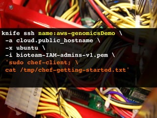 knife ssh name:aws-genomicsDemo !
 -a cloud.public_hostname !
 -x ubuntu !
 -i bioteam-IAM-admins-v1.pem !
 'sudo chef-client; !
 cat /tmp/chef-getting-started.txt'!
 