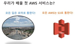 우리가 배울 첫 AWS 서비스는?
모든 길은 로마로 통한다! 모든 AWS는 S3로 통한다!
 