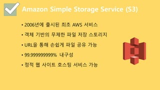 Amazon Simple Storage Service (S3)
• 2006년에 출시된 최초 AWS 서비스
• 객체 기반의 무제한 파일 저장 스토리지
• URL을 통해 손쉽게 파일 공유 가능
• 99.999999999% 내구성
• 정적 웹 사이트 호스팅 서비스 가능
 