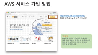 AWS 서비스 가입 방법
http://aws.amazon.com/ko/
가입 버튼을 누르시면 됩니다!
도움말
AWS 웹 사이트 대부분은 한국어로
제공되나 일부는 영문으로 제공됩니다.
앞으로 계속적으로 한국어 지원이
추가될 예정입니다.
 