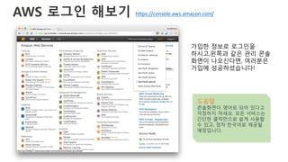 AWS 로그인 해보기
가입한 정보로 로그인을
하시고,왼쪽과 같은 관리 콘솔
화면이 나오신다면, 여러분은
가입에 성공하셨습니다!
도움말
콘솔화면이 영어로 되어 있다고
걱정하지 마세요. 모든 서비스는
간단한 클릭만으로 쉽게 사용할
수 있고, 점차 한국어로 제공될
예정입니다.
https://console.aws.amazon.com/
 