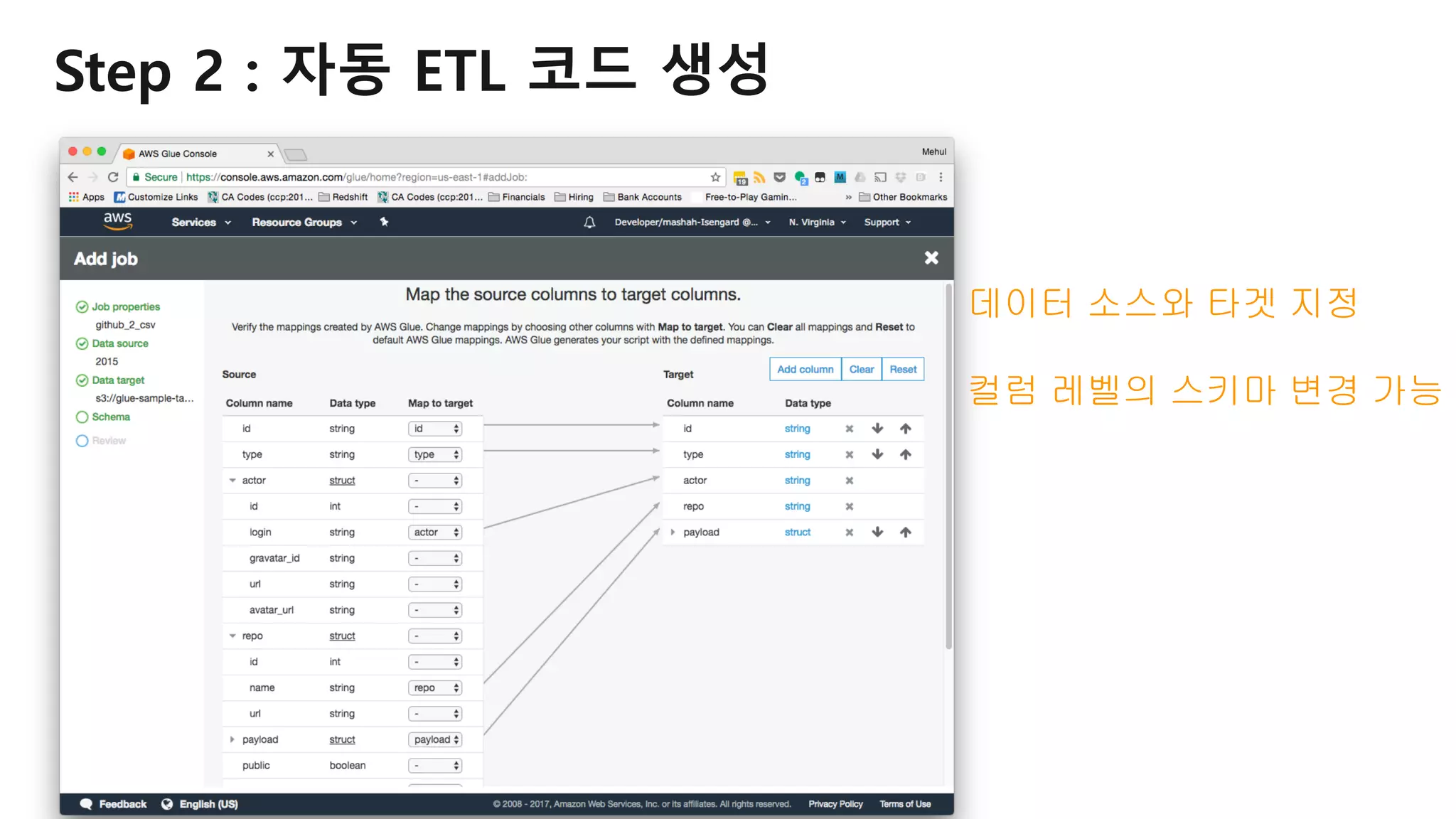 © 2018, Amazon Web Services, Inc. or Its Affiliates. All rights reserved.
Step 2 : 자동 ETL 코드 생성
데이터 소스와 타겟 지정
컬럼 레벨의 스키마 변경 가능
 