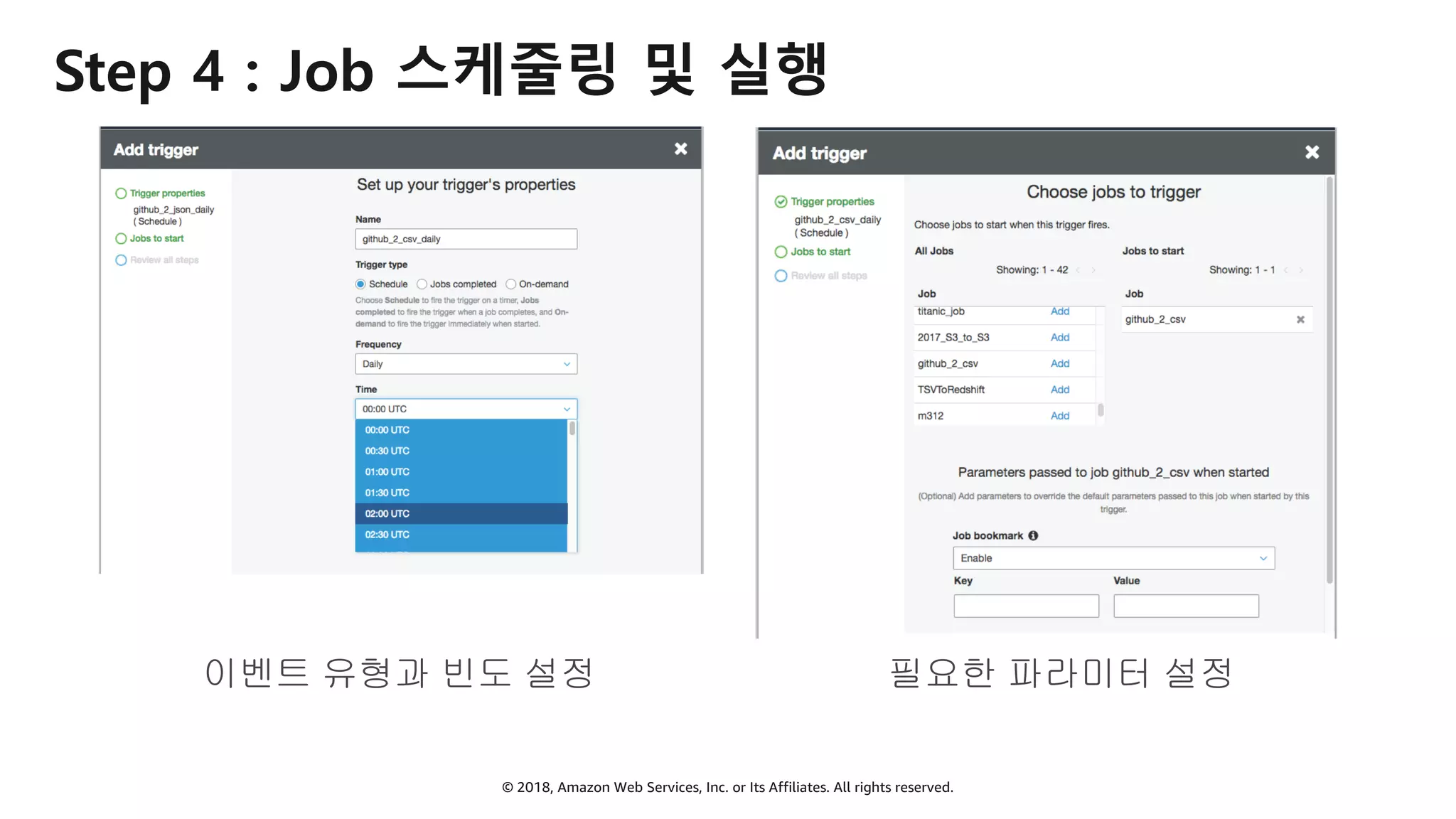 © 2018, Amazon Web Services, Inc. or Its Affiliates. All rights reserved.
Step 4 : Job 스케줄링 및 실행
이벤트 유형과 빈도 설정 필요한 파라미터 설정
 