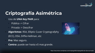 Criptografía Asimétrica
• Uso de UNA Key PAIR para:
• Pública -> Cifrar
• Privada -> Descifrar
• Algoritmos: RSA, Elliptic Cuver Cryptografphy
(ECC), DSA, Diffie-Hellman, etc
• Pro: Mas seguro.
• Contra: puede ser hasta x5 mas grande.
https://securitcrs.wordpress.com/criptografia/criptografia-de-clave-privada/
 