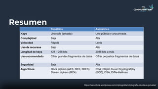 Resumen
https://securitcrs.wordpress.com/criptografia/criptografia-de-clave-privada/
Simétrico Asimétrico
Keys Una sola (privada) Una pública y una privada.
Complejidad Baja Alta
Velocidad Rápida Lenta
Uso de recursos Bajo Alto
Longitud de keys 128 – 256 bits 2048 bits a más
Uso recomendado Cifrar grandes fragmentos de datos Cifrar pequeños fragmentos de datos
Seguridad Baja Alta
Algoritmos Block ciphers (AES, DES, 3DES),
Stream ciphers (RC4)
RSA, Elliptic Cuver Cryptografphy
(ECC), DSA, Diffie-Hellman
 