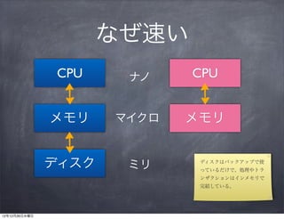なぜ速い
                CPU    ナノ    CPU


               メモリ    マイクロ   メモリ


               ディスク    ミリ     ディスクはバックアップで使
                              っているだけで、処理やトラ
                              ンザクションはインメモリで
                              完結している。




12年12月26日水曜日
 