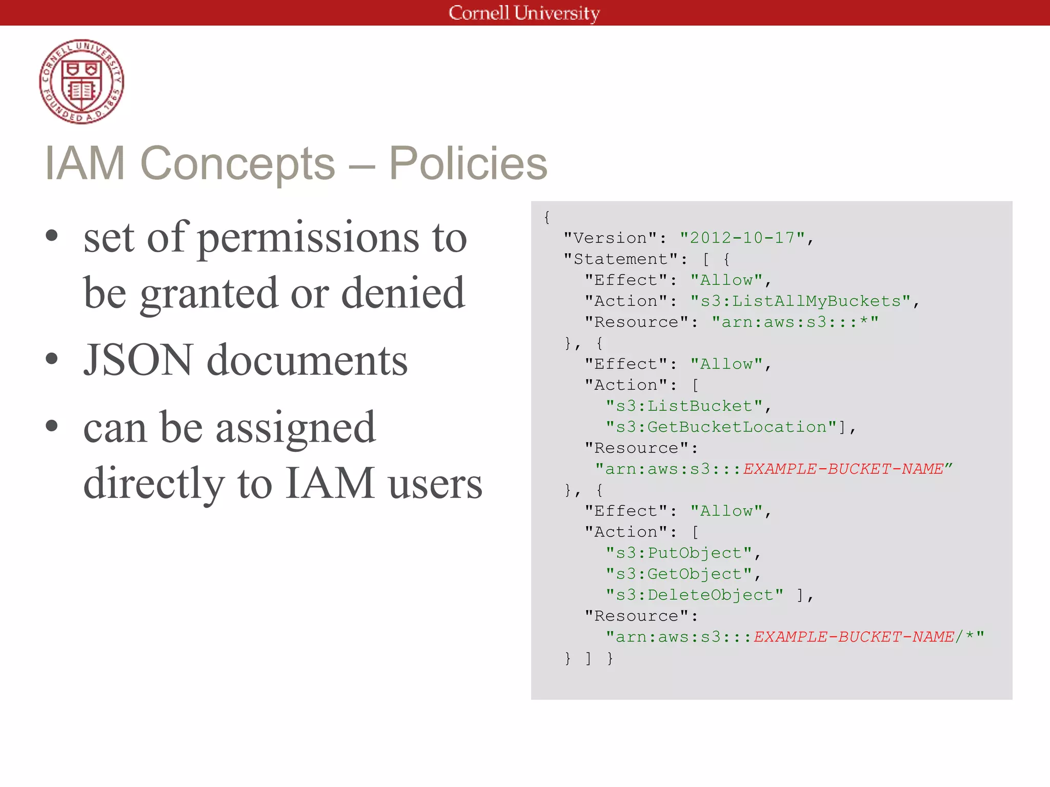 • set of permissions to
be granted or denied
• JSON documents
• can be assigned
directly to IAM users
IAM Concepts – Policies
{
"Version": "2012-10-17",
"Statement": [ {
"Effect": "Allow",
"Action": "s3:ListAllMyBuckets",
"Resource": "arn:aws:s3:::*"
}, {
"Effect": "Allow",
"Action": [
"s3:ListBucket",
"s3:GetBucketLocation"],
"Resource":
"arn:aws:s3:::EXAMPLE-BUCKET-NAME”
}, {
"Effect": "Allow",
"Action": [
"s3:PutObject",
"s3:GetObject",
"s3:DeleteObject" ],
"Resource":
"arn:aws:s3:::EXAMPLE-BUCKET-NAME/*"
} ] }
 
