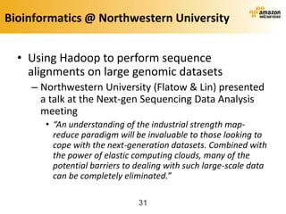 Bioinformatics @ Northwestern University


  • Using Hadoop to perform sequence
    alignments on large genomic datasets
    – Northwestern University (Flatow & Lin) presented
      a talk at the Next-gen Sequencing Data Analysis
      meeting
       • “An understanding of the industrial strength map-
         reduce paradigm will be invaluable to those looking to
         cope with the next-generation datasets. Combined with
         the power of elastic computing clouds, many of the
         potential barriers to dealing with such large-scale data
         can be completely eliminated.”

                               31
 