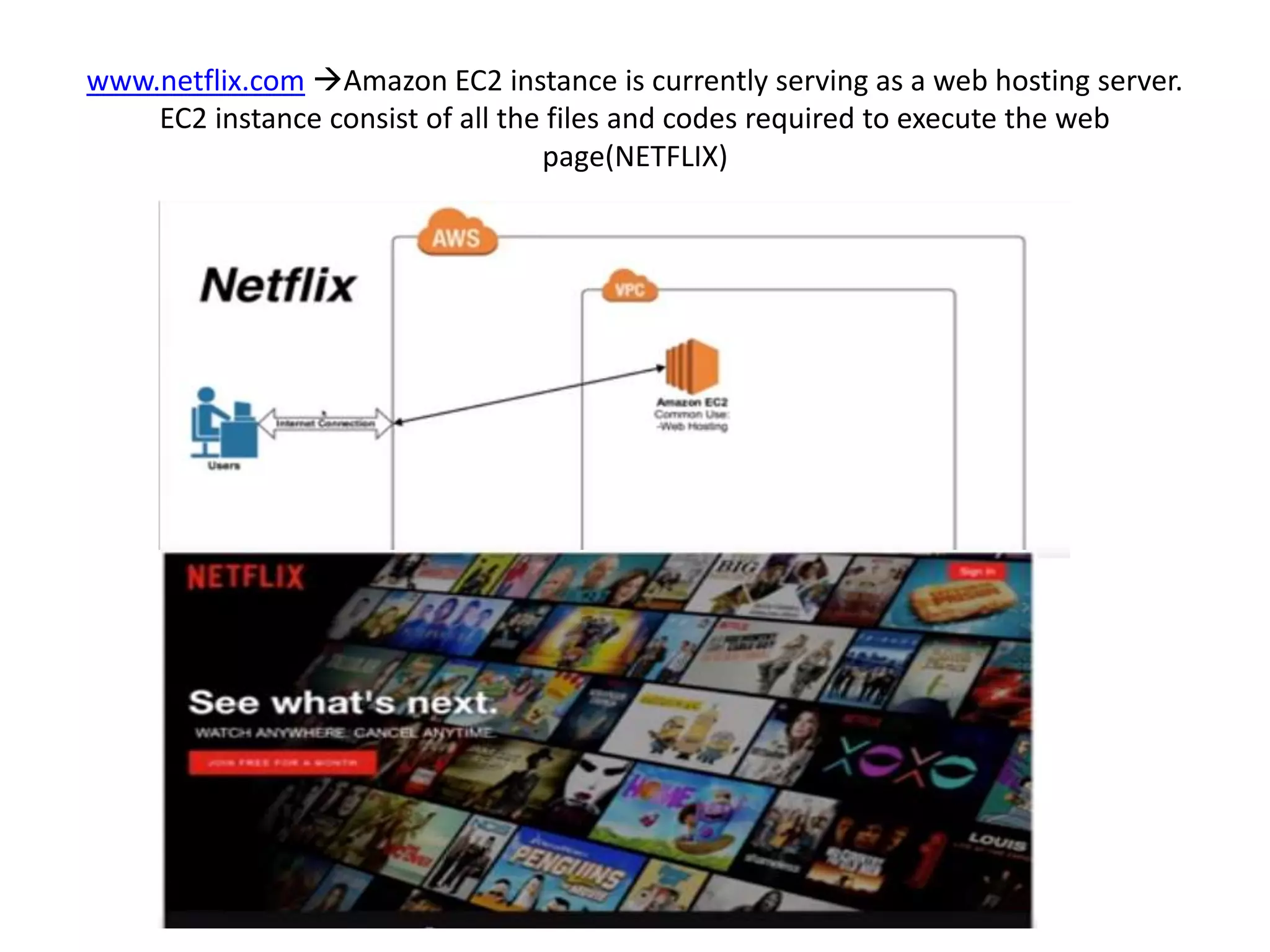 www.netflix.com Amazon EC2 instance is currently serving as a web hosting server.
EC2 instance consist of all the files and codes required to execute the web
page(NETFLIX)
 
