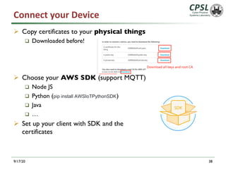 Connect your Device
Ø Copy certificates to your physical things
q Downloaded before!
Ø Choose your AWS SDK (support MQTT)
q Node JS
q Python (pip install AWSIoTPythonSDK)
q Java
q …
Ø Set up your client with SDK and the
certificates
9/17/20 38
 