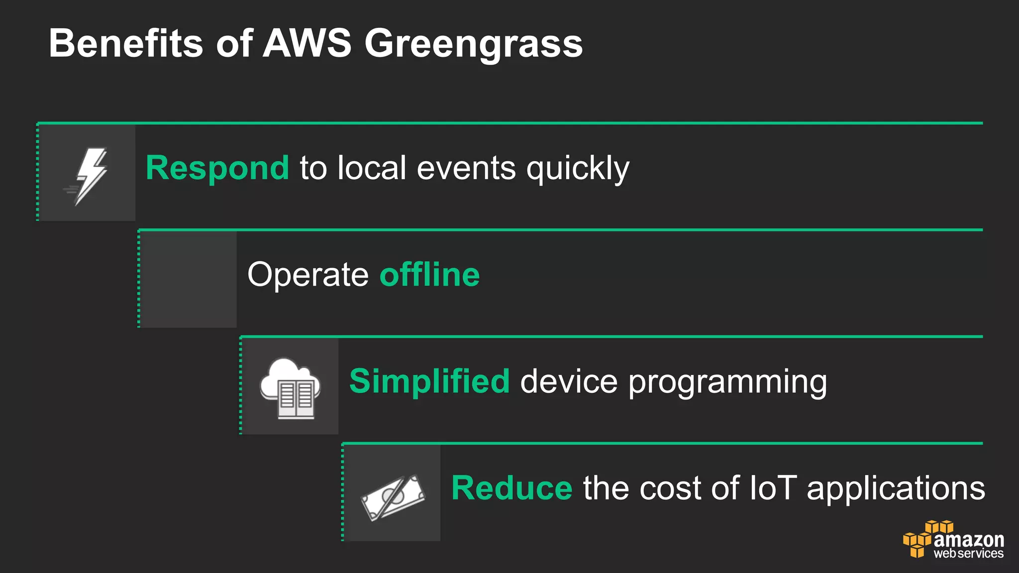 Benefits  of  AWS  Greengrass
Respond to  local  events  quickly
Operate  offline
Simplified device  programming
Reduce the  cost  of  IoT  applications
 