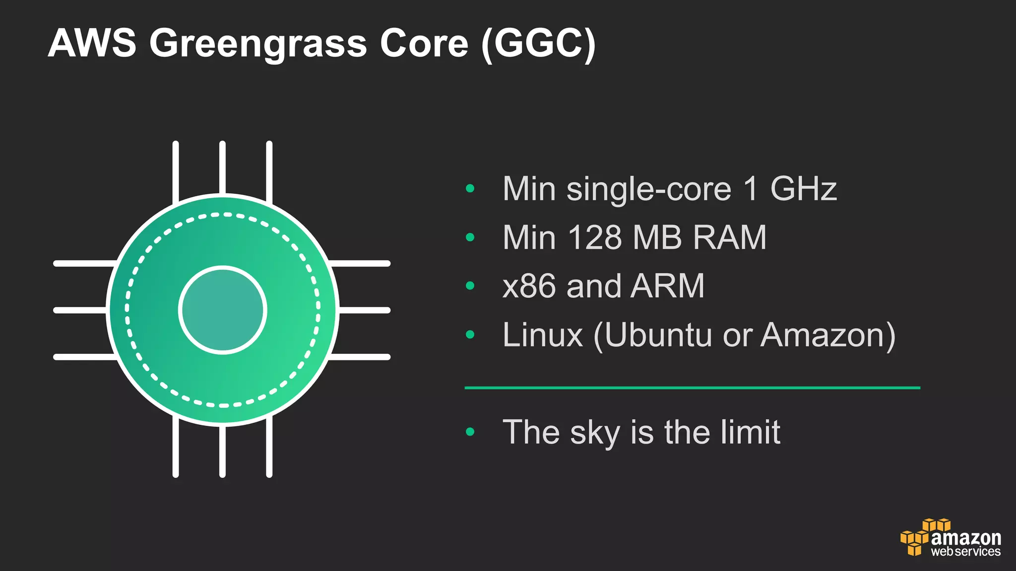 AWS  Greengrass  Core  (GGC)
• Min  single-­core  1  GHz
• Min  128  MB  RAM
• x86  and  ARM
• Linux  (Ubuntu  or  Amazon)
• The  sky  is  the  limit
 