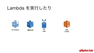 Lambda を実⾏したり
AWS
Lambda
IoT
rule
AWS	IoTIoT hardware
 