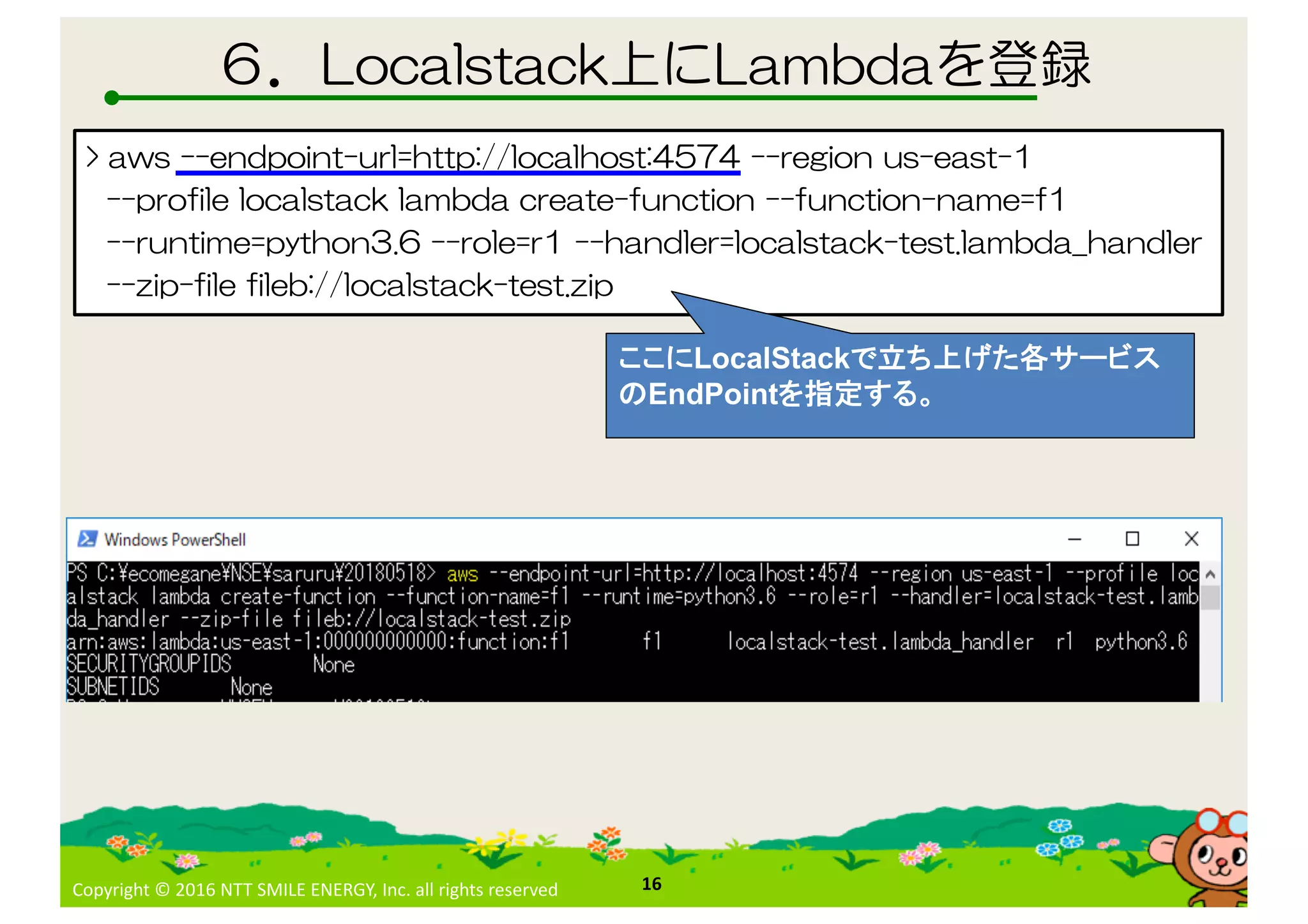 Copyright © 2016 NTT SMILE ENERGY, Inc. all rights reserved
. > . 7 . /1.
16
. > :1 6: = 5 . 5 > = 46 : > .>
= 36 . > . 7 . /1. = . 3 : 6 : 3 : 6 : :. 3
= : 6 5 : = = 5.:1 = . > . 7 > . /1.-5.:1 =
6 36 36 / . > . 7 > 6
LocalStack
EndPoint
 