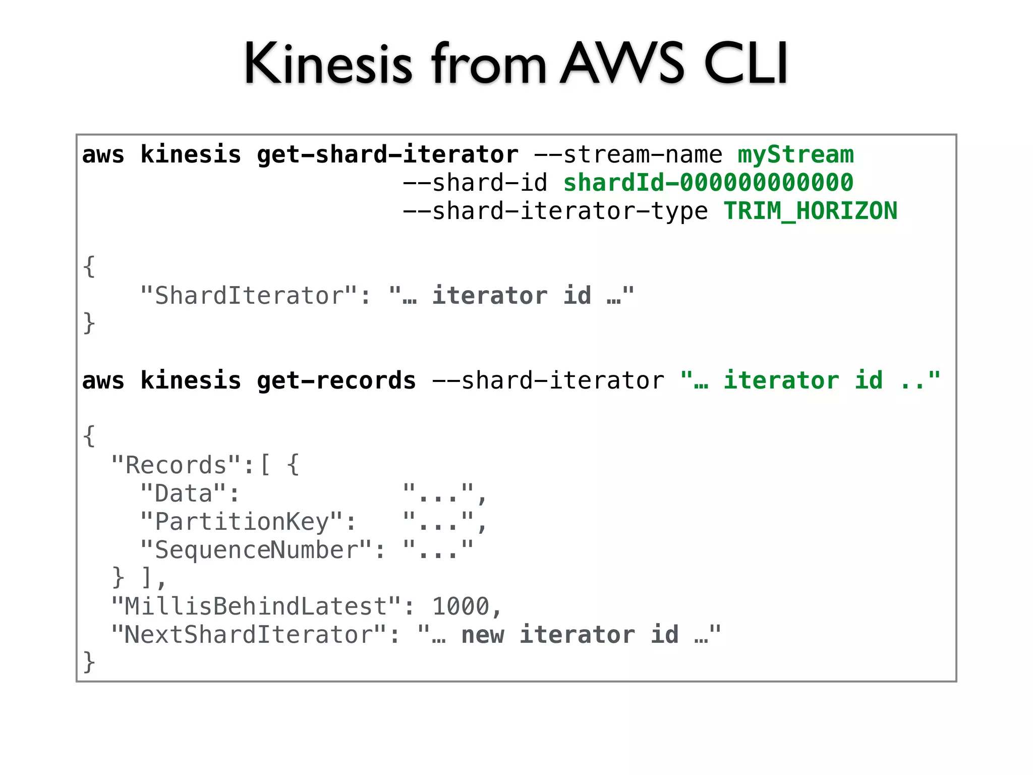 Kinesis from AWS CLI
aws kinesis get-shard-iterator --stream-name myStream
--shard-id shardId-000000000000
--shard-iterator-type TRIM_HORIZON
{
"ShardIterator": "… iterator id …"
}
aws kinesis get-records --shard-iterator "… iterator id .."
{
"Records":[ {
"Data": "...",
"PartitionKey": "...",
"SequenceNumber": "..."
} ],
"MillisBehindLatest": 1000,
"NextShardIterator": "… new iterator id …"
}
 