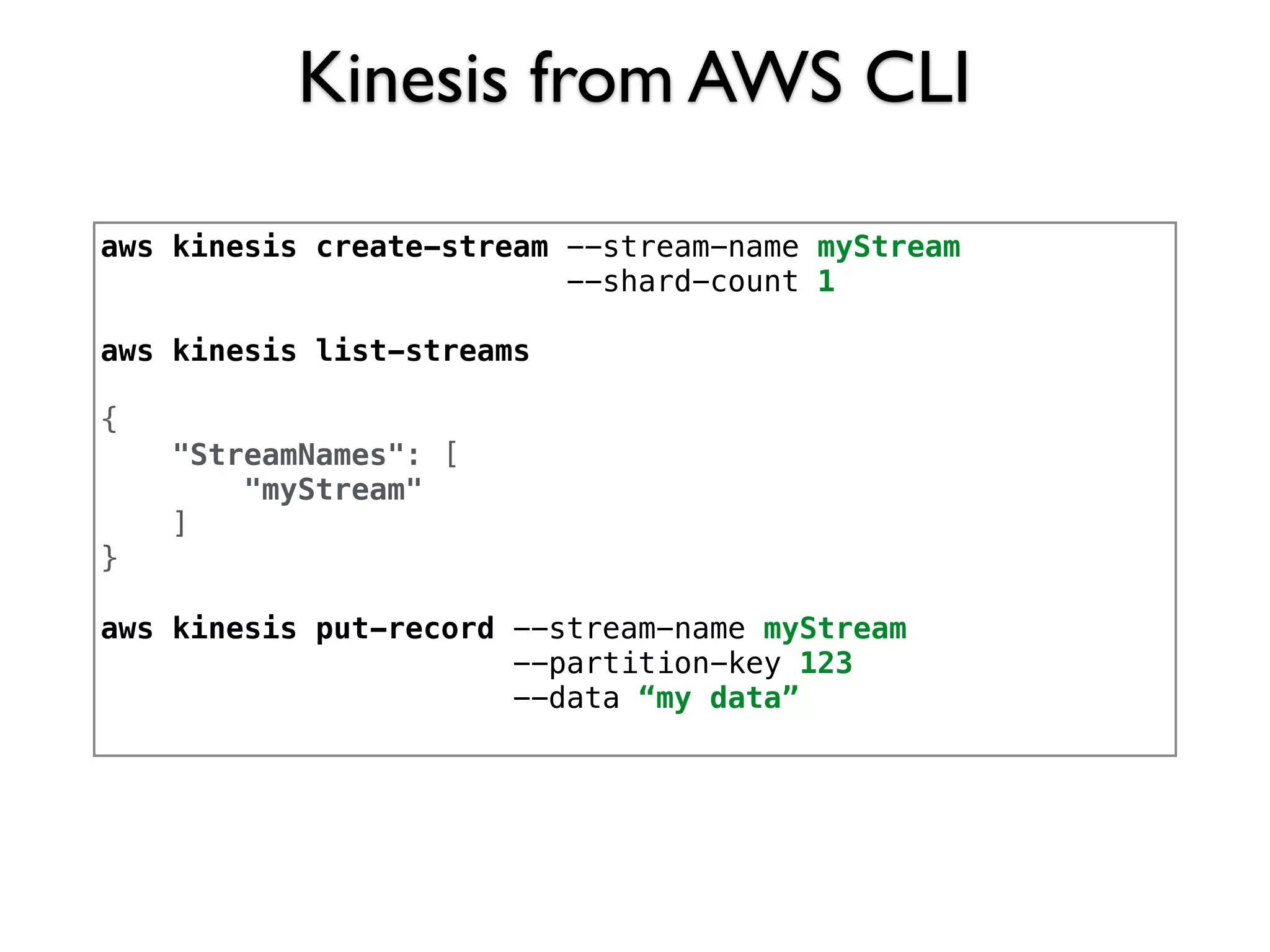 Kinesis from AWS CLI
aws kinesis create-stream --stream-name myStream
--shard-count 1
aws kinesis list-streams
{
"StreamNames": [
"myStream"
]
}
aws kinesis put-record --stream-name myStream
--partition-key 123
--data “my data”
 