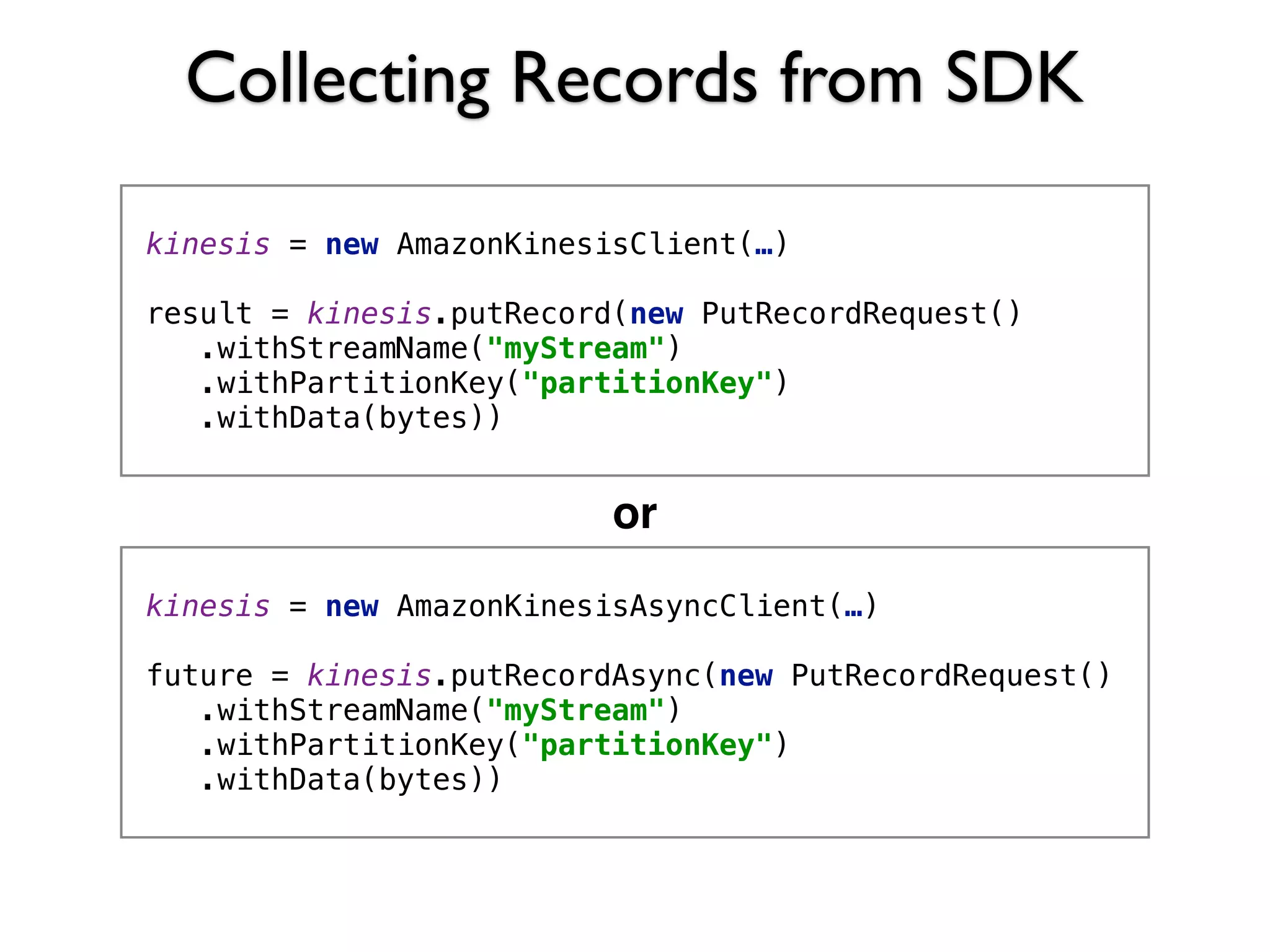 Collecting Records from SDK
kinesis = new AmazonKinesisClient(…) 
 
result = kinesis.putRecord(new PutRecordRequest() 
.withStreamName("myStream") 
.withPartitionKey("partitionKey") 
.withData(bytes))
kinesis = new AmazonKinesisAsyncClient(…) 
 
future = kinesis.putRecordAsync(new PutRecordRequest() 
.withStreamName("myStream") 
.withPartitionKey("partitionKey") 
.withData(bytes))
or
 