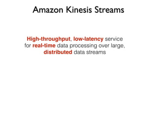 Amazon Kinesis Streams
High-throughput, low-latency service
for real-time data processing over large,
distributed data streams
 