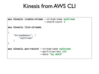 Kinesis from AWS CLI
aws kinesis create-stream --stream-name myStream
--shard-count 1
aws kinesis list-streams
{
"StreamNames": [
"myStream"
]
}
aws kinesis put-record --stream-name myStream
--partition-key 123
--data “my data”
 