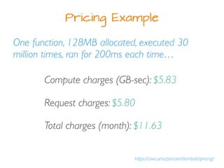 Pricing Example
https://aws.amazon.com/lambda/pricing/
One function, 128MB allocated, executed 30
million times, ran for 200ms each time…
Compute charges (GB-sec): $5.83
Request charges: $5.80
Total charges (month): $11.63
 