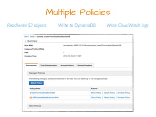 Multiple Policies
Read/write S3 objects Write to DynamoDB Write CloudWatch logs
 