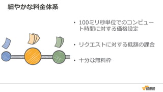 細やかな料料⾦金金体系
•  100ミリ秒単位でのコンピュー
ト時間に対する価格設定
•  リクエストに対する低額の課⾦金金
•  ⼗十分な無料料枠
 