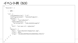 イベント例例（S3）
{
"Records": [
 　 　 　-- 省省略略 –
 　 　 　"s3": {
"s3SchemaVersion": "1.0",
"configurationId": "testConfigRule",
"bucket": {
"name": "sourcebucket",
"ownerIdentity": {
"principalId": "A3NL1KOZZKExample"
},
"arn": "arn:aws:s3:::mybucket"
},
"object": {
"key": "sourcebucket/HappyFace.jpg",
"size": 1024,
"eTag": "d41d8cd98f00b204e9800998ecf8427e"
}
}
}
]
}
 