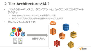 2-‐‑‒Tier  Architectureとは？
•  いわゆるサーバレスな、クライアントとバックエンドだけのアーキ
テクチャ
–  AWS  SDKとマネージドサービスを積極的に利利⽤用
–  モバイルアプリやブラウザから直接AWSサービスを呼ぶ
•  特にモバイルにおすすめ
直接呼び出し
 