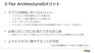 2-‐‑‒Tier  Architectureのメリット
•  アプリの開発に多くのメリット：
–  バックエンド側の開発コストを最⼩小化
–  バックエンド側の運⽤用コストを最⼩小化
–  スケーラビリティの⼼心配なし
–  バックエンドのEC2を減らせるため⾦金金額⾯面でもローコスト（当社⽐比*）
•  必要に応じてEC2も導⼊入できる安⼼心感
–  後からバックエンド側にロジックを⼊入れてシステムの最適化ことも可能
•  よりビジネスに集中することが可能
*  EC2で同規模のサーバを⽴立立てる場合に⽐比べ
 