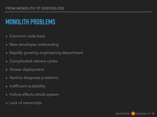 sponsored by &
FROM MONOLITH TO SERVERLESS
MONOLITH PROBLEMS
▸ Common code base
▸ New developer onboarding
▸ Rapidly growing engineering department
▸ Complicated release cycles
▸ Slower deployment
▸ Hard to diagnose problems
▸ Inefﬁcient scalability
▸ Failure effects whole system
▸ Lack of ownership
 