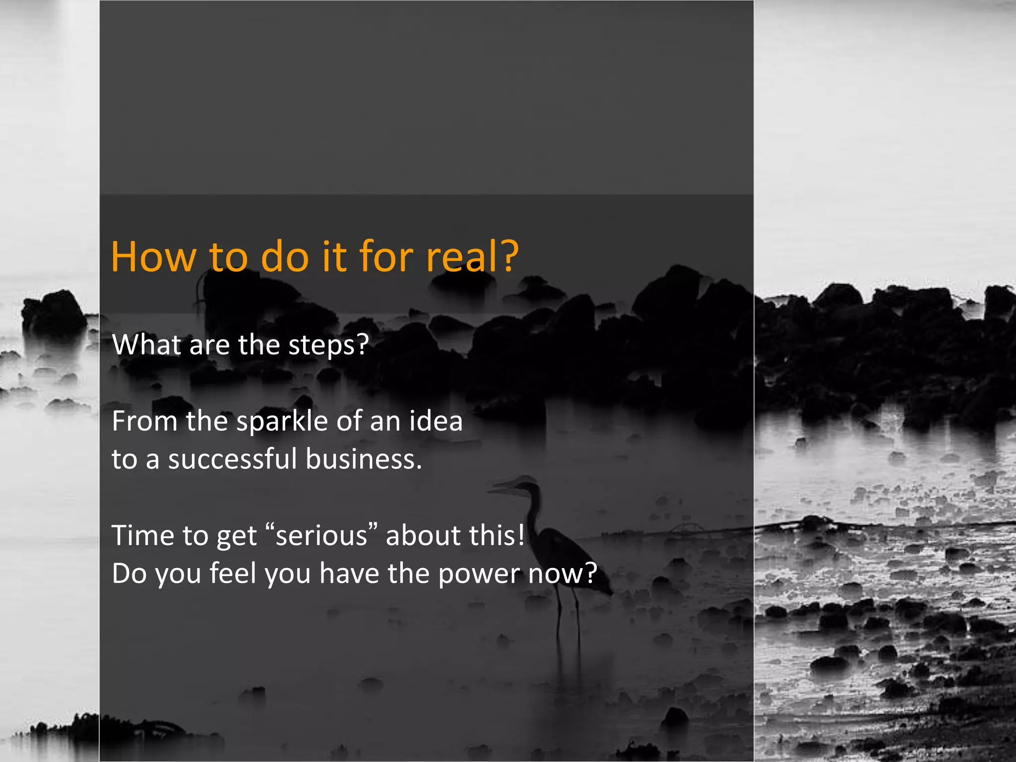 How to do it for real?
What are the steps?

From the sparkle of an idea
to a successful business.

Time to get “serious” about this!
Do you feel you have the power now?
 
