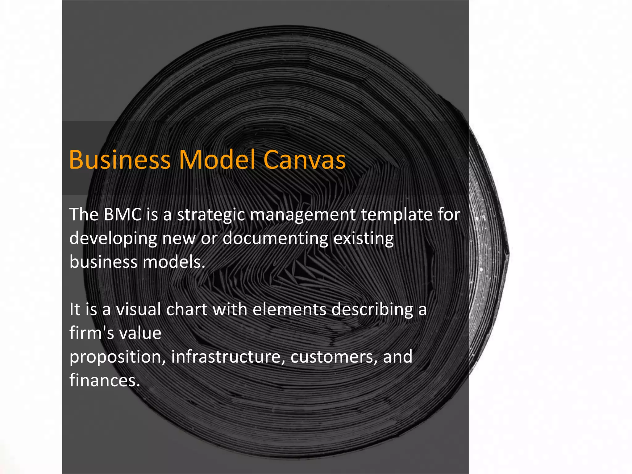 Business Model Canvas
The BMC is a strategic management template for
developing new or documenting existing
business models.

It is a visual chart with elements describing a
firm's value
proposition, infrastructure, customers, and
finances.
 