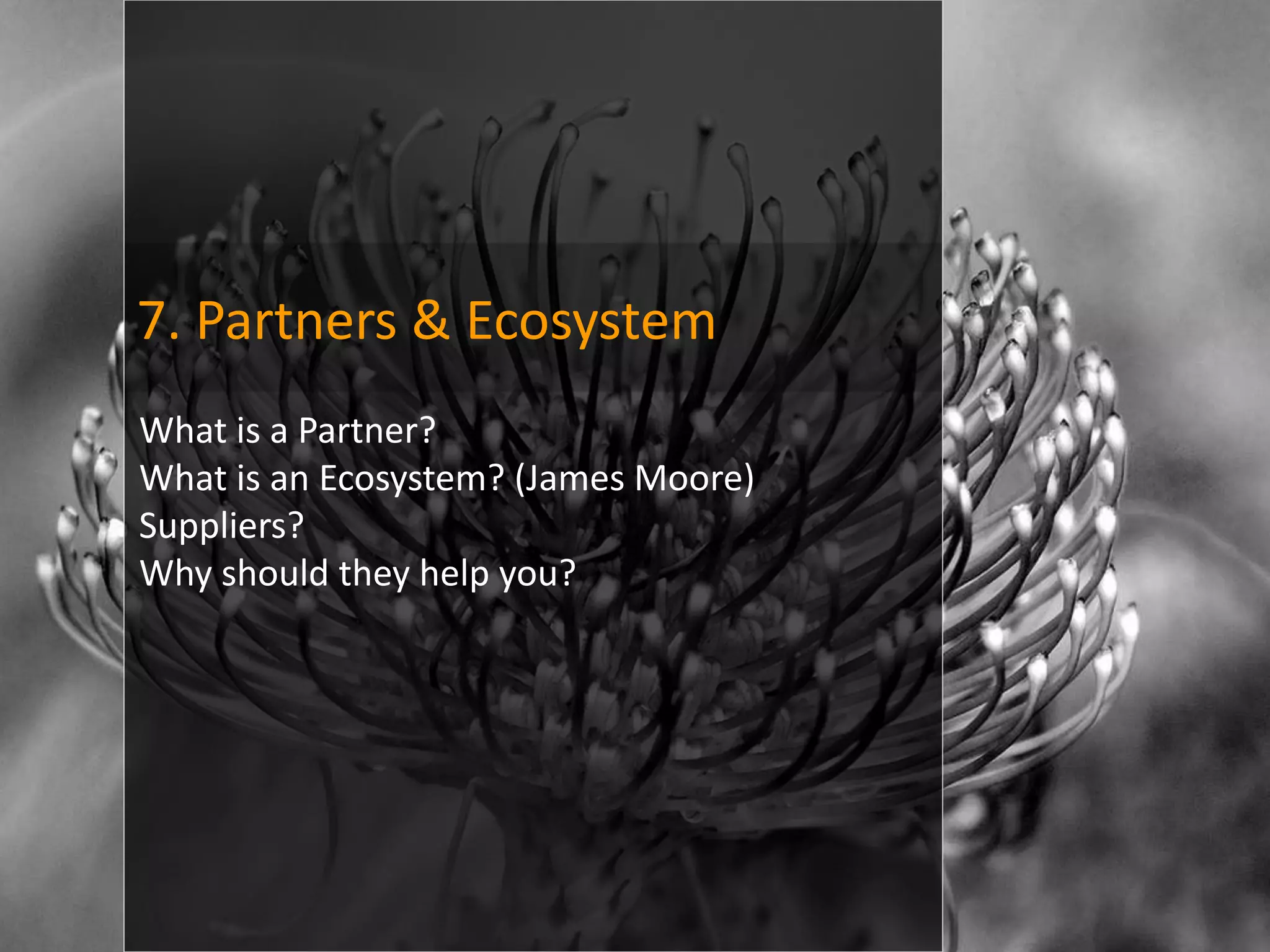 7. Partners & Ecosystem
What is a Partner?
What is an Ecosystem? (James Moore)
Suppliers?
Why should they help you?
 
