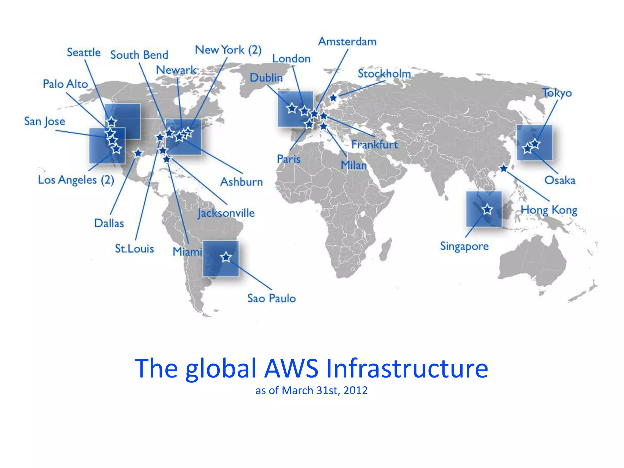 The global AWS Infrastructure
         as of March 31st, 2012
 