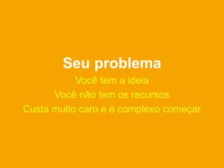 Seu problema
           Você tem a ideia
      Você não tem os recursos
Custa muito caro e é complexo começar
 