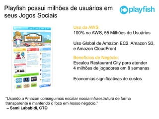 Playfish possui milhões de usuários em
seus Jogos Sociais
                                   Uso da AWS:
                                   100% na AWS, 55 Milhões de Usuários

                                   Uso Global de Amazon EC2, Amazon S3,
                                   e Amazon CloudFront

                                   Benefícios de Negócio:
                                   Escalou Restaurant City para atender
                                   4 milhões de jogadores em 8 semanas

                                   Economias significativas de custos



“Usando a Amazon conseguimos escalar nossa infraestrutura de forma
transparente e mantendo o foco em nosso negócio.”
 – Sami Lababidi, CTO
 