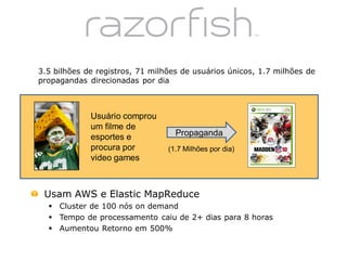 3.5 bilhões de registros, 71 milhões de usuários únicos, 1.7 milhões de
propagandas direcionadas por dia



             Usuário comprou
             um filme de
             esportes e            Propaganda
             procura por         (1.7 Milhões por dia)
             video games



 Usam AWS e Elastic MapReduce
   Cluster de 100 nós on demand
   Tempo de processamento caiu de 2+ dias para 8 horas
   Aumentou Retorno em 500%
 