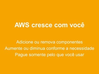 AWS cresce com você

    Adicione ou remova componentes
Aumente ou diminua conforme a necessidade
   Pague somente pelo que você usar
 
